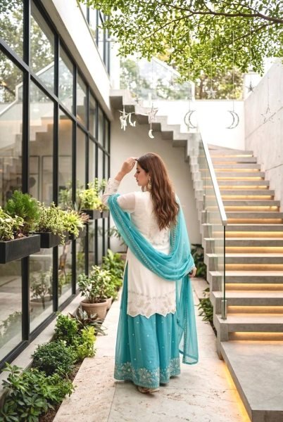 White & Aqua Blue Faux Georgette Kurti Latest Fancy Palazzo Set With Dupatta Ready To Wear For Women Ready To Wear Collection