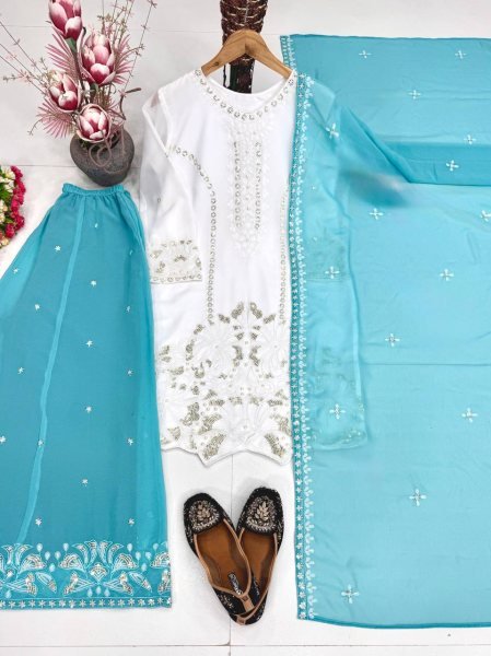 White & Aqua Blue Faux Georgette Kurti Latest Fancy Palazzo Set With Dupatta Ready To Wear For Women Ready To Wear Collection