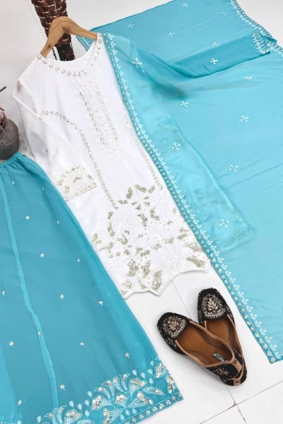 White & Aqua Blue Faux Georgette Kurti Latest Fancy Palazzo Set With Dupatta Ready To Wear For Women Ready To Wear Collection
