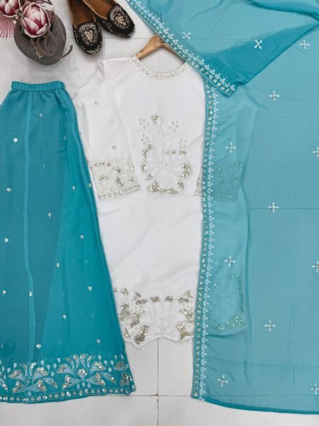 White & Aqua Blue Faux Georgette Kurti Latest Fancy Palazzo Set With Dupatta Ready To Wear For Women Ready To Wear Collection