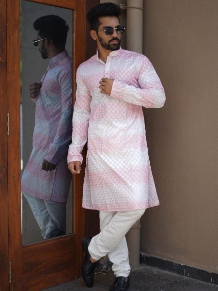 White Baby Pink Men's Ethnic Kurta Pajama Set for Weddings and Festive Celebrations Mens Wear