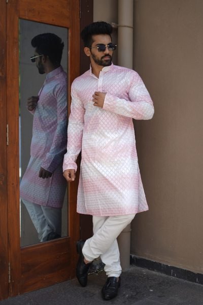 White Baby Pink Men's Ethnic Kurta Pajama Set for Weddings and Festive Celebrations Kurta Pajama Wholesale