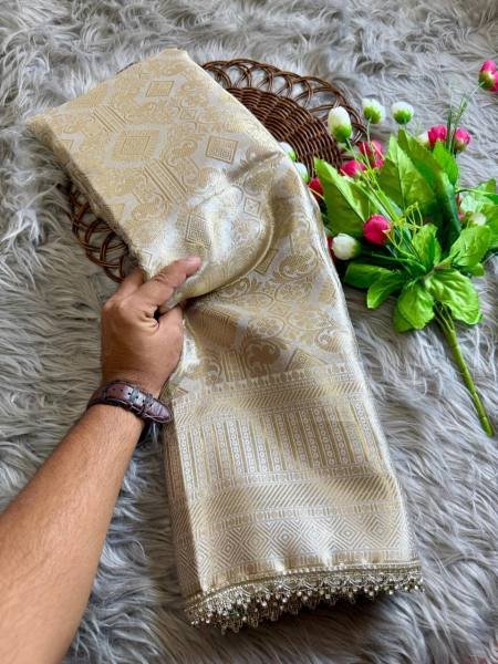 White Banarasi Saree with Rich Pallu & Designer Jharkan Border Banarasi Saree Wholesale