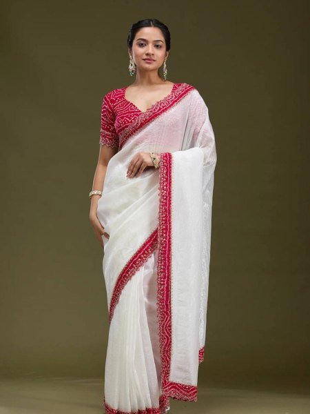 White Bandhani Saree with Handcrafted Cutwork and Gold Tissue Perfect for Weddings Bandhej Sarees Wholesale