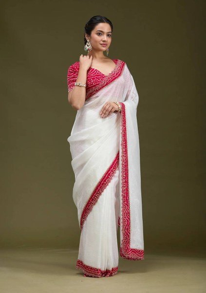 White Bandhani Saree with Handcrafted Cutwork and Gold Tissue Perfect for Weddings Bandhej Sarees Wholesale