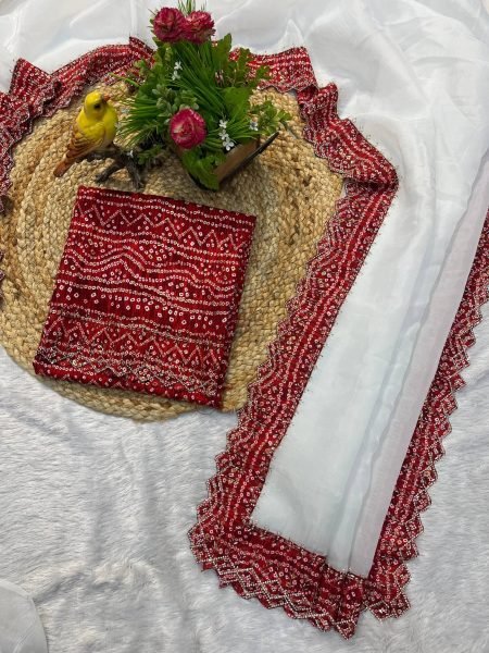 White Bandhani Saree with Handcrafted Cutwork and Gold Tissue Perfect for Weddings Bandhej Sarees Wholesale