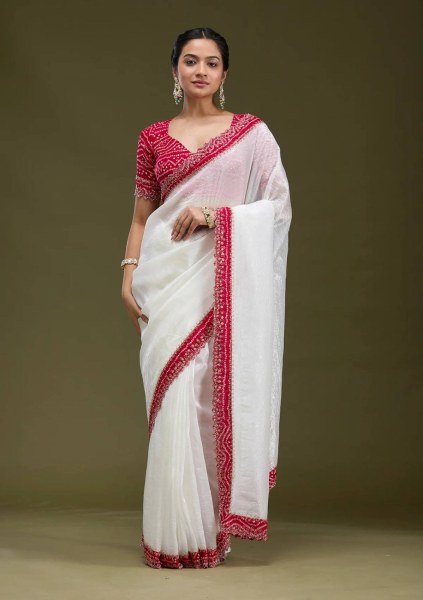 White Bandhani Saree with Handcrafted Cutwork and Gold Tissue Perfect for Weddings Bandhej Sarees Wholesale
