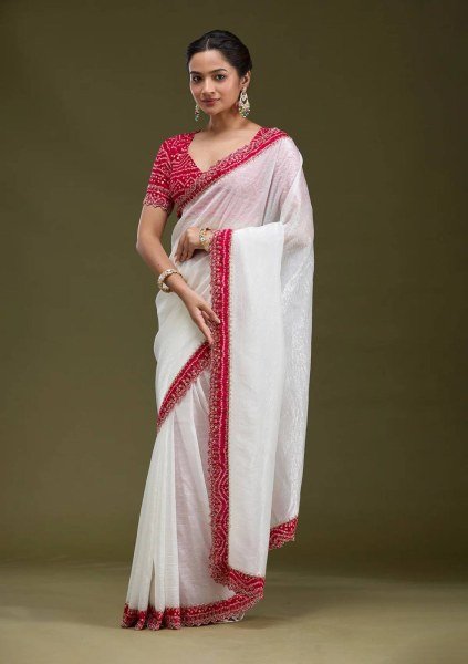 White Bandhani Saree with Handcrafted Cutwork and Gold Tissue Perfect for Weddings Bandhej Sarees Wholesale
