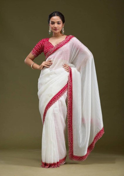 White Bandhani Saree with Handcrafted Cutwork and Gold Tissue Perfect for Weddings Bandhej Sarees Wholesale