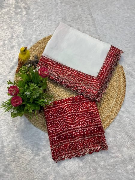 White Bandhani Saree with Handcrafted Cutwork and Gold Tissue Perfect for Weddings Bandhej Sarees Wholesale