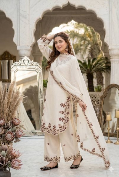 White Best Rate Roman Glass Designer Suit with Sequence Work Detailing  Ready To Wear Collection