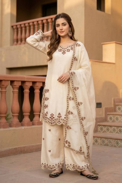 White Best Rate Roman Glass Designer Suit with Sequence Work Detailing  Ready To Wear Collection