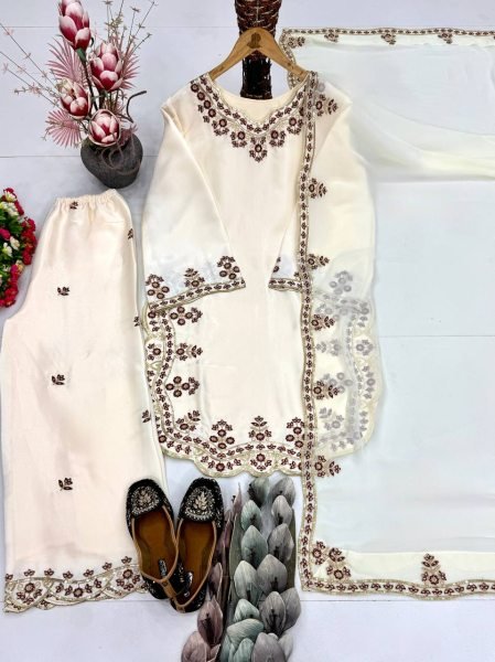 White Best Rate Roman Glass Designer Suit with Sequence Work Detailing  Ready To Wear Collection