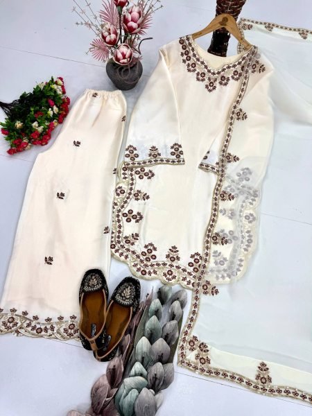 White Best Rate Roman Glass Designer Suit with Sequence Work Detailing  Ready To Wear Collection