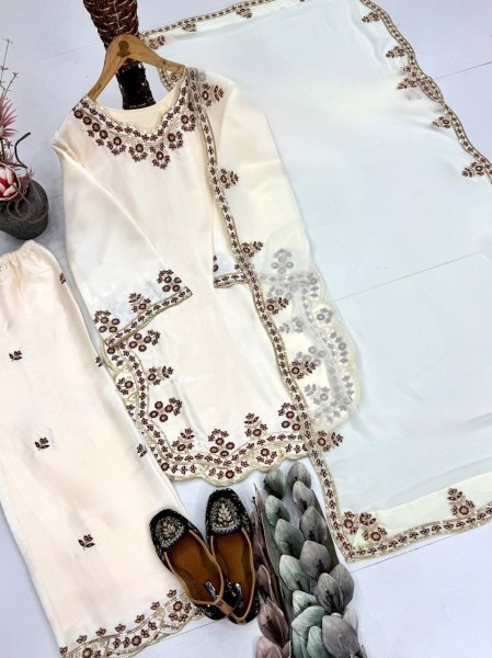 White Best Rate Roman Glass Designer Suit with Sequence Work Detailing  Ready To Wear Collection