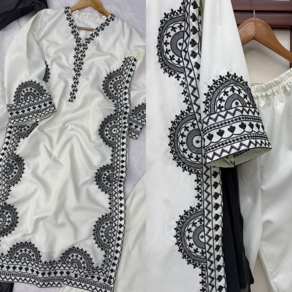 White Biscuit Slub Thread Embroidered Kurta Pant Set with Printed Tabby Silk Dupatta at Manufacturer Price Ready To Wear Collection