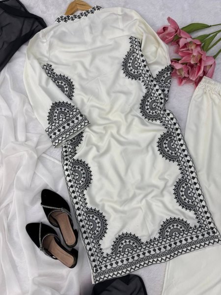 White Biscuit Slub Thread Embroidered Kurta Pant Set with Printed Tabby Silk Dupatta at Manufacturer Price Ready To Wear Collection