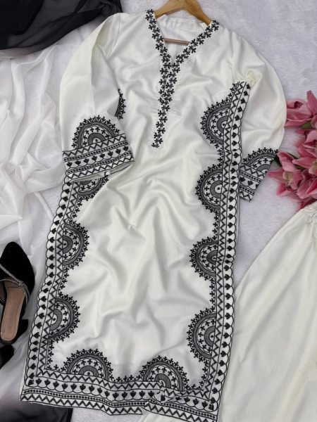 White Biscuit Slub Thread Embroidered Kurta Pant Set with Printed Tabby Silk Dupatta at Manufacturer Price Ready To Wear Collection