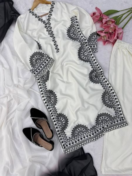 White Biscuit Slub Thread Embroidered Kurta Pant Set with Printed Tabby Silk Dupatta at Manufacturer Price Ready To Wear Collection