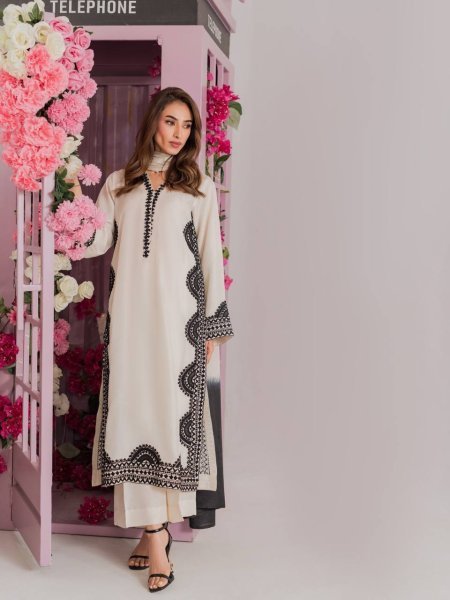 White Biscuit Slub Thread Embroidered Kurta Pant Set with Printed Tabby Silk Dupatta at Manufacturer Price Ready To Wear Collection