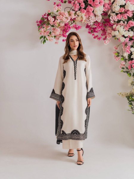 White Biscuit Slub Thread Embroidered Kurta Pant Set with Printed Tabby Silk Dupatta at Manufacturer Price Ready To Wear Collection