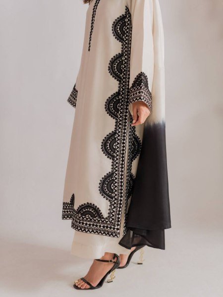 White Biscuit Slub Thread Embroidered Kurta Pant Set with Printed Tabby Silk Dupatta at Manufacturer Price Ready To Wear Collection