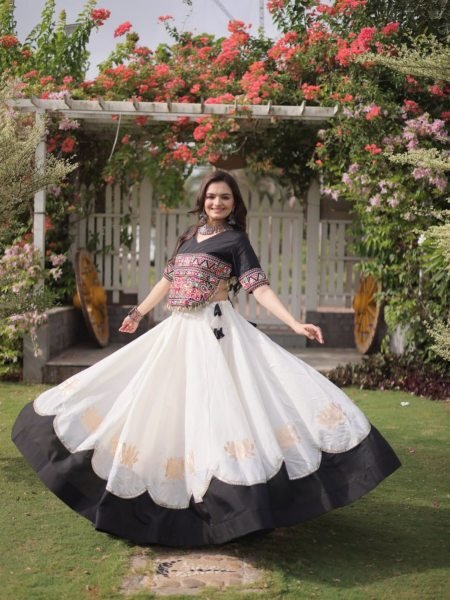 White Black Garba and Dandiya Wear Roman Fabric Lehenga Choli with Kutchi Embroidery  Lehenga