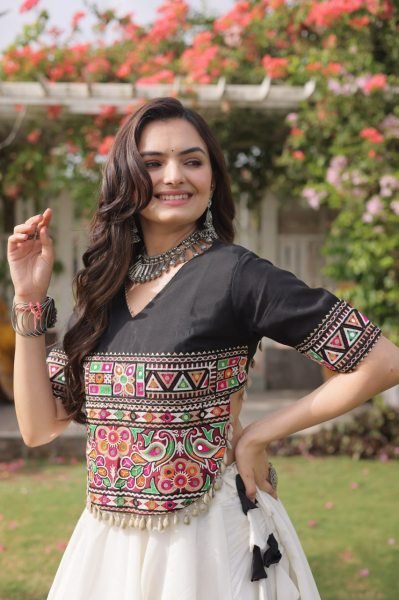 White Black Garba and Dandiya Wear Roman Fabric Lehenga Choli with Kutchi Embroidery Navratri Lehnega Choli