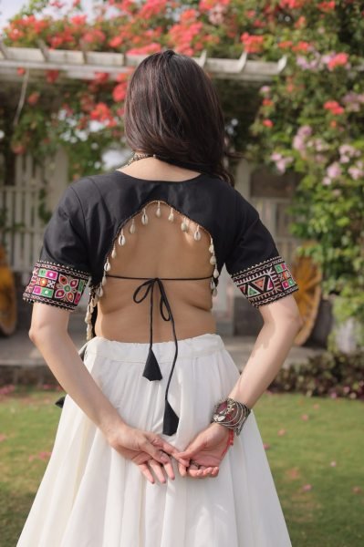 White Black Garba and Dandiya Wear Roman Fabric Lehenga Choli with Kutchi Embroidery Navratri Lehnega Choli