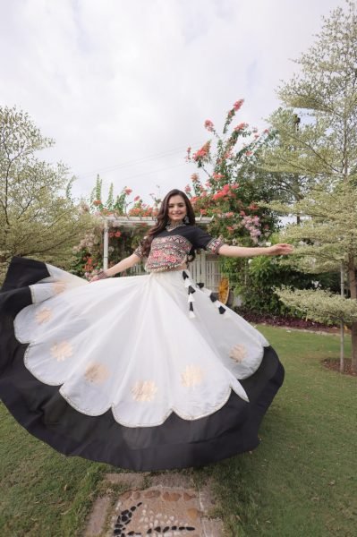 White Black Garba and Dandiya Wear Roman Fabric Lehenga Choli with Kutchi Embroidery Navratri Lehnega Choli