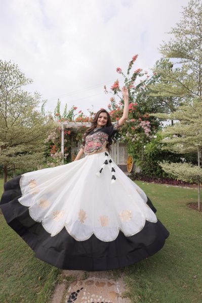 White Black Garba and Dandiya Wear Roman Fabric Lehenga Choli with Kutchi Embroidery Navratri Lehnega Choli