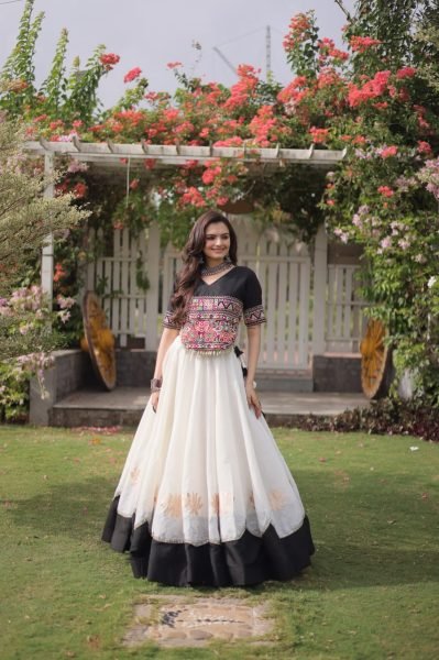 White Black Garba and Dandiya Wear Roman Fabric Lehenga Choli with Kutchi Embroidery Navratri Lehnega Choli