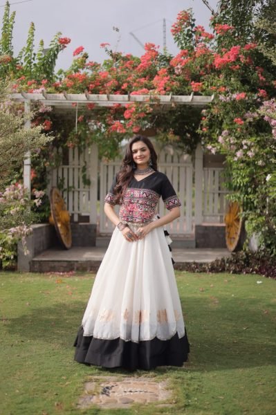 White Black Garba and Dandiya Wear Roman Fabric Lehenga Choli with Kutchi Embroidery Navratri Lehnega Choli