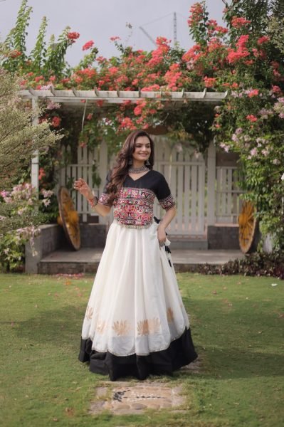 White Black Garba and Dandiya Wear Roman Fabric Lehenga Choli with Kutchi Embroidery Navratri Lehnega Choli
