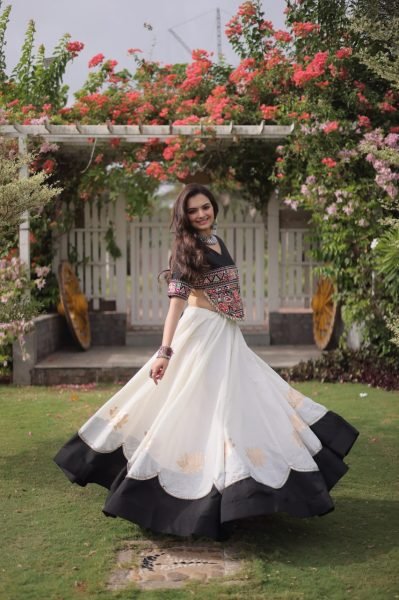 White Black Garba and Dandiya Wear Roman Fabric Lehenga Choli with Kutchi Embroidery Navratri Lehnega Choli