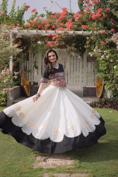 White Black Garba and Dandiya Wear Roman Fabric Lehenga Choli with Kutchi Embroidery Navratri Lehnega Choli