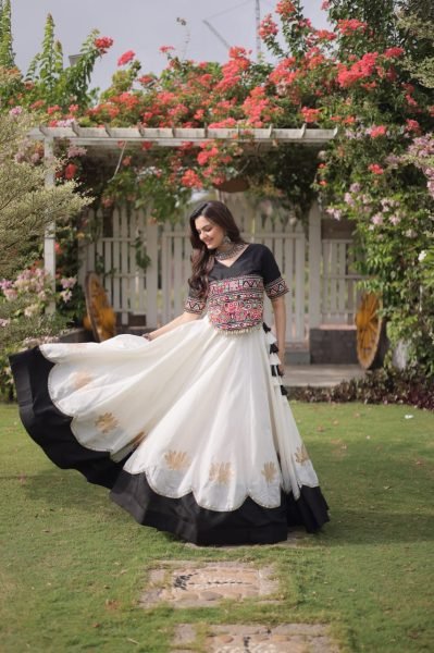 White Black Garba and Dandiya Wear Roman Fabric Lehenga Choli with Kutchi Embroidery Navratri Lehnega Choli