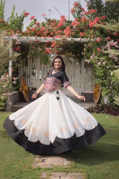 White Black Garba and Dandiya Wear Roman Fabric Lehenga Choli with Kutchi Embroidery Navratri Lehnega Choli