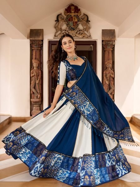 White Blue Designer Pure Rayon Lehenga with Mirror Work and Gotta Patti Lace Detailing  Lehenga