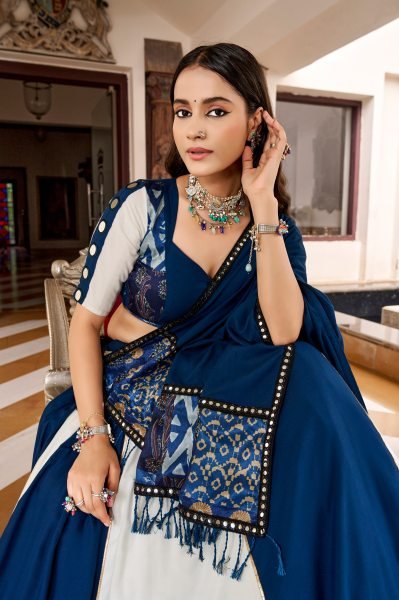 White Blue Designer Pure Rayon Lehenga with Mirror Work and Gotta Patti Lace Detailing Navratri Lehnega Choli