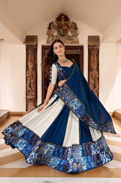 White Blue Designer Pure Rayon Lehenga with Mirror Work and Gotta Patti Lace Detailing Navratri Lehnega Choli