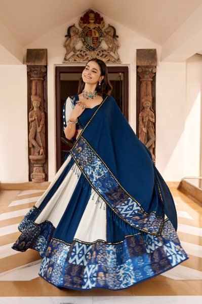 White Blue Designer Pure Rayon Lehenga with Mirror Work and Gotta Patti Lace Detailing Navratri Lehnega Choli