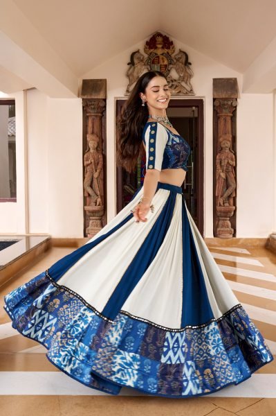 White Blue Designer Pure Rayon Lehenga with Mirror Work and Gotta Patti Lace Detailing Navratri Lehnega Choli