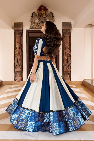 White Blue Designer Pure Rayon Lehenga with Mirror Work and Gotta Patti Lace Detailing Navratri Lehnega Choli