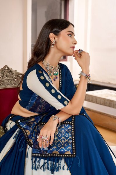 White Blue Designer Pure Rayon Lehenga with Mirror Work and Gotta Patti Lace Detailing Navratri Lehnega Choli
