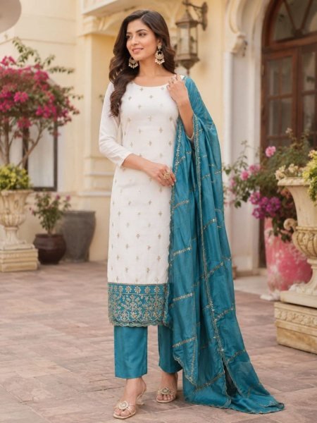White Blue Vichitra Silk Sequence Embroidered Salwar Suit with Designer Dupatta 