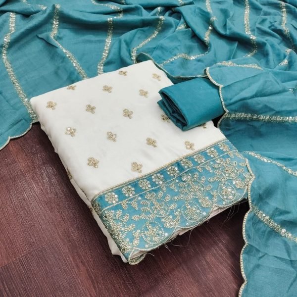 White Blue Vichitra Silk Sequence Embroidered Salwar Suit with Designer Dupatta Color Set Matching Dress Material Wholesale