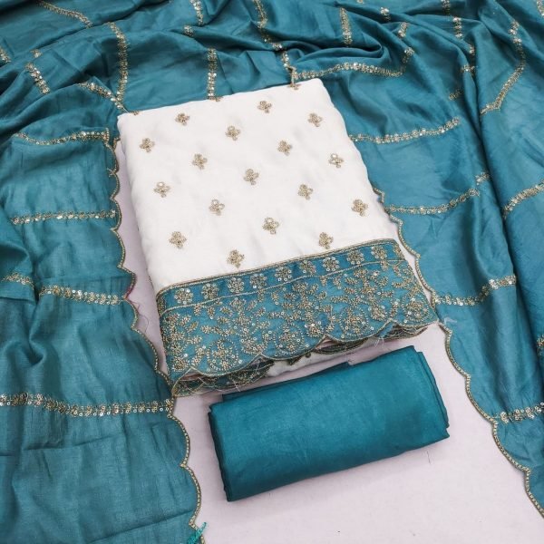 White Blue Vichitra Silk Sequence Embroidered Salwar Suit with Designer Dupatta Color Set Matching Dress Material Wholesale