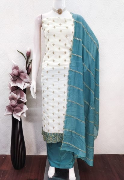 White Blue Vichitra Silk Sequence Embroidered Salwar Suit with Designer Dupatta Color Set Matching Dress Material Wholesale