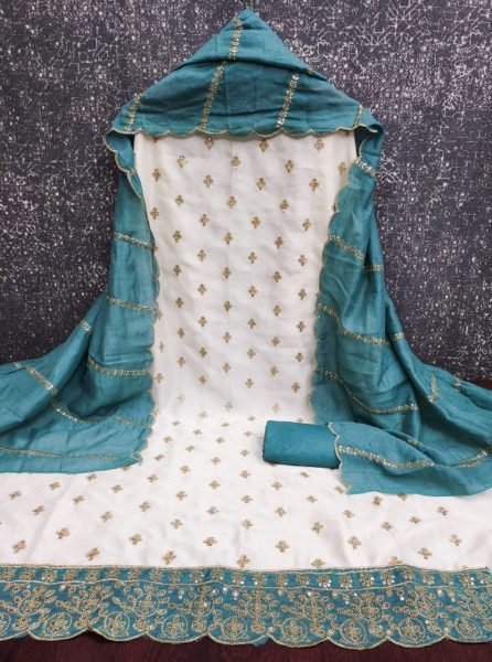 White Blue Vichitra Silk Sequence Embroidered Salwar Suit with Designer Dupatta Color Set Matching Dress Material Wholesale
